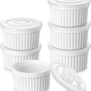 vancasso 8 oz Ramekins with Lid, Porcelain Creme Brulee Souffle Dishes, White Pudding Custard Cups Ramiken for Baking, Dishwasher and Oven Safe, Set of 6